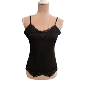 Romwe Womens Black Ribbed Lace Trim Cami Top Size L Large Layering Whimsygoth